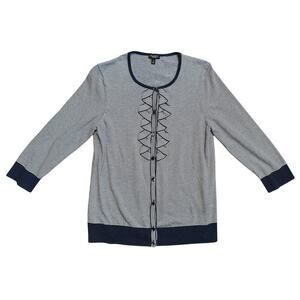 Talbots Navy White Stripe Cotton Blend Cardigan Sweater W. Ruffle Button Size M